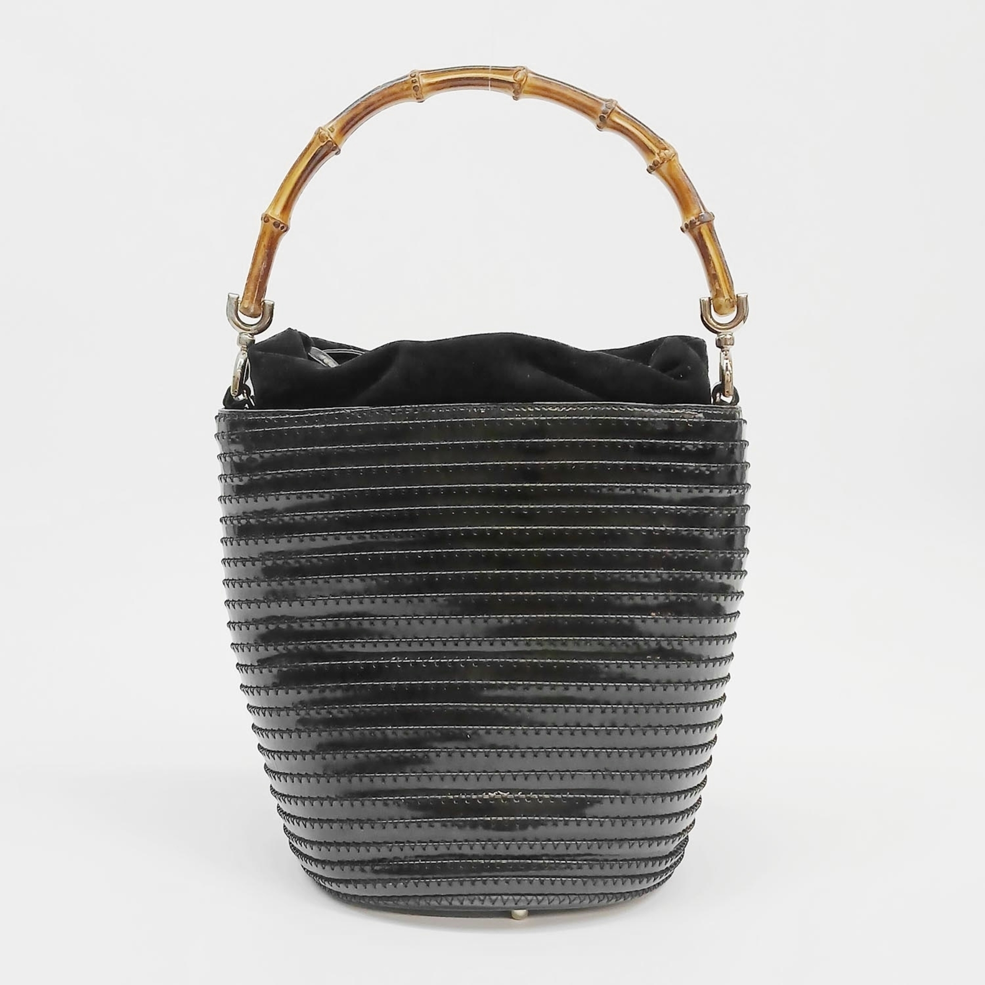 Gucci Bamboo 2-Way Bucket Handbag Shoulder Bag, Patent Leather, Black, Women's